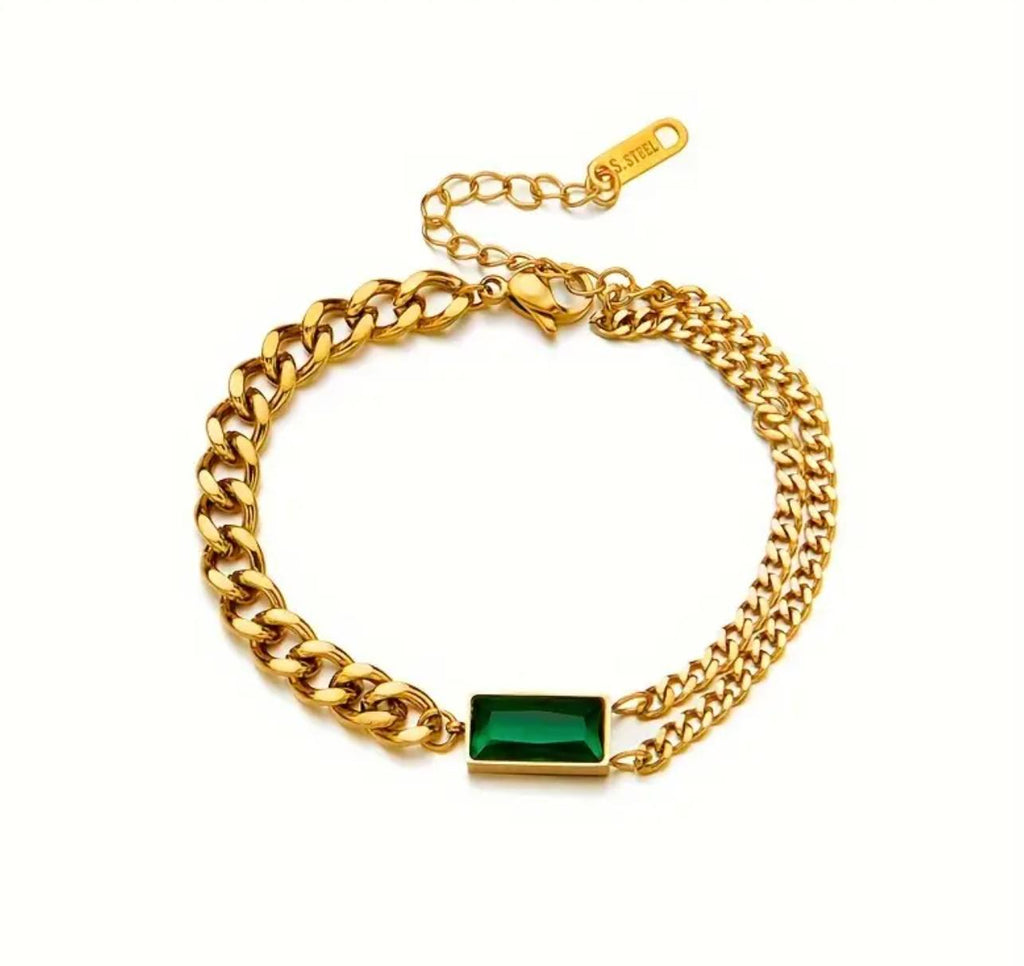 Hena Bracelet - Stainless Steel Trendy Green Small Square Golden Chain Bracelet, Gift For Women