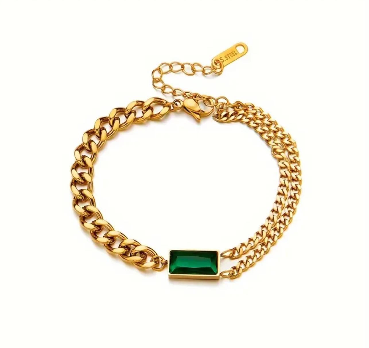 Hena Bracelet - Stainless Steel Trendy Green Small Square Golden Chain Bracelet, Gift For Women