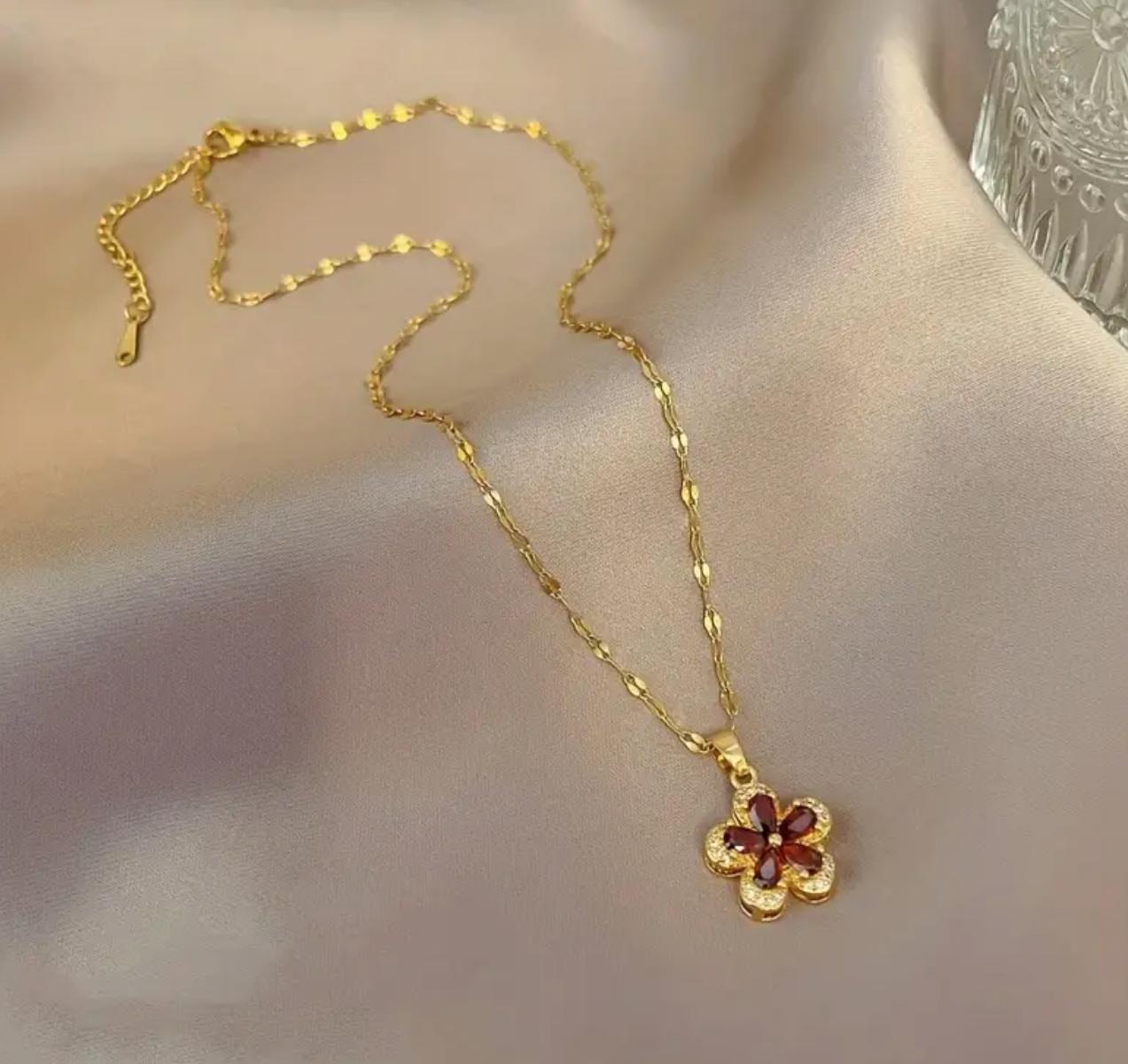 Five Petal necklace- Stainless Steel 18K Gold plated Five Petal Flower Necklace, Fashion Red Flower Pendant Necklace