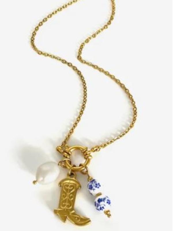 Charm necklace-  Removeable Stainless Steel 18K Gold Plated Pearl Pendant Style Boots Pendant Necklace