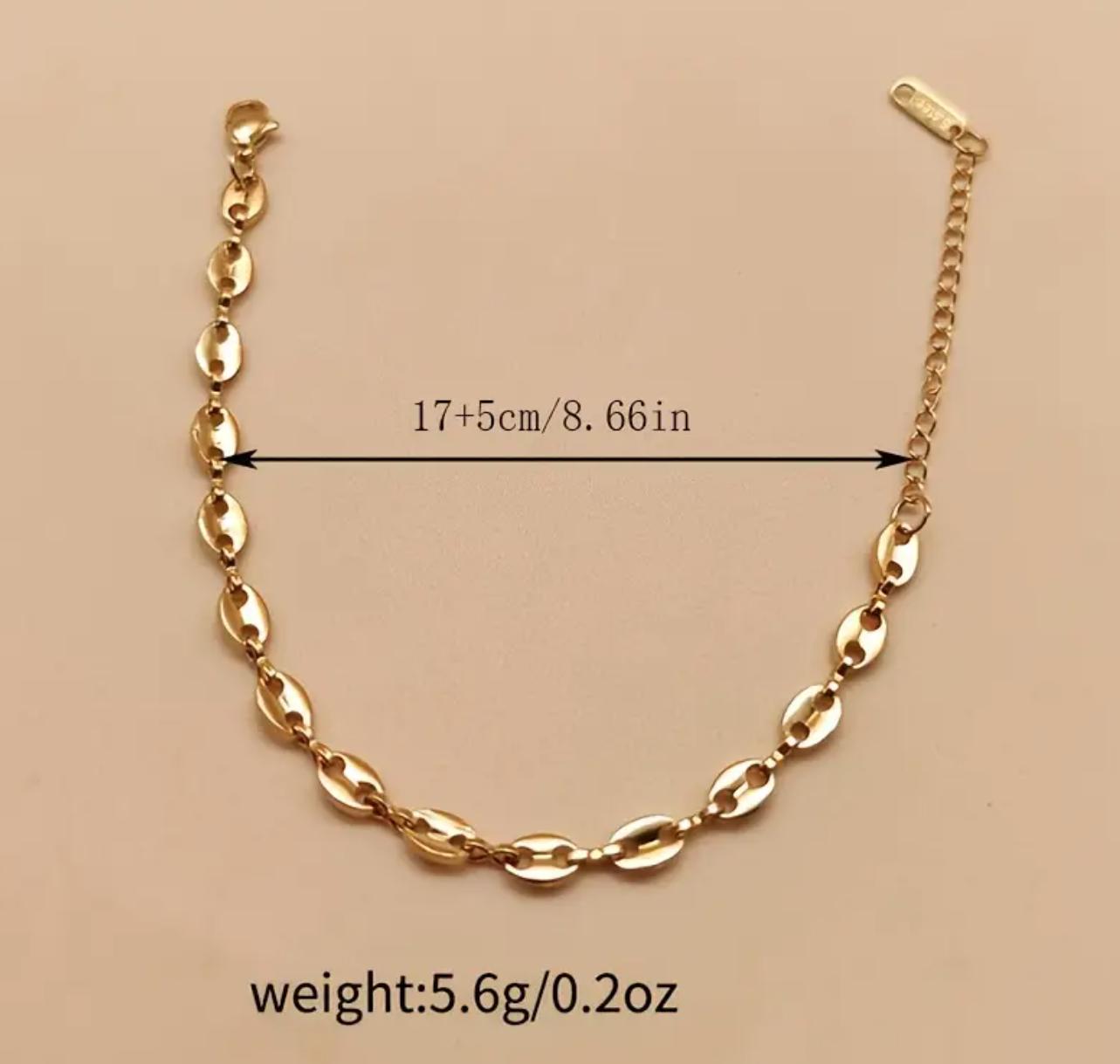 Coffee Bean Stainless Steel Bracelet, Elegant Trendy Style 18K Gold Plated Chain Bracelet