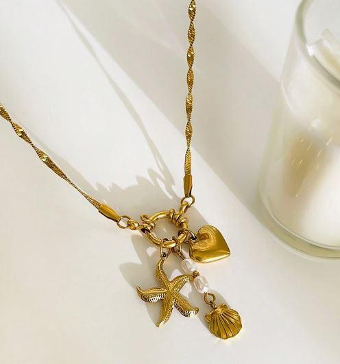 1pc New Starfish & Shell Faux Pearl 3-Way Wear Stainless Steel Necklace For Women