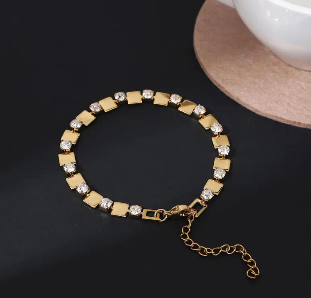 Dia Square Bracelet - 18K Golden Plated Stainless Steel Bracelet with Synthetic Cubic Zirconia