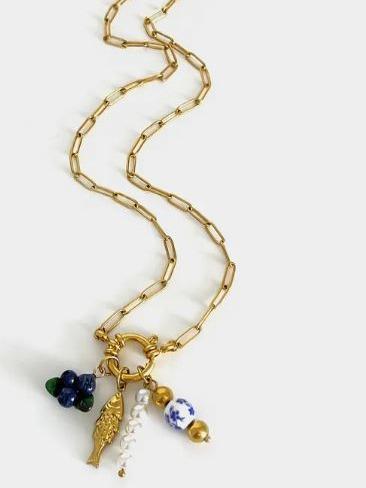 Charm necklace-  Removeable Stainless Steel 18K Gold Plated Pearl Pendant Style Boots Pendant Necklace