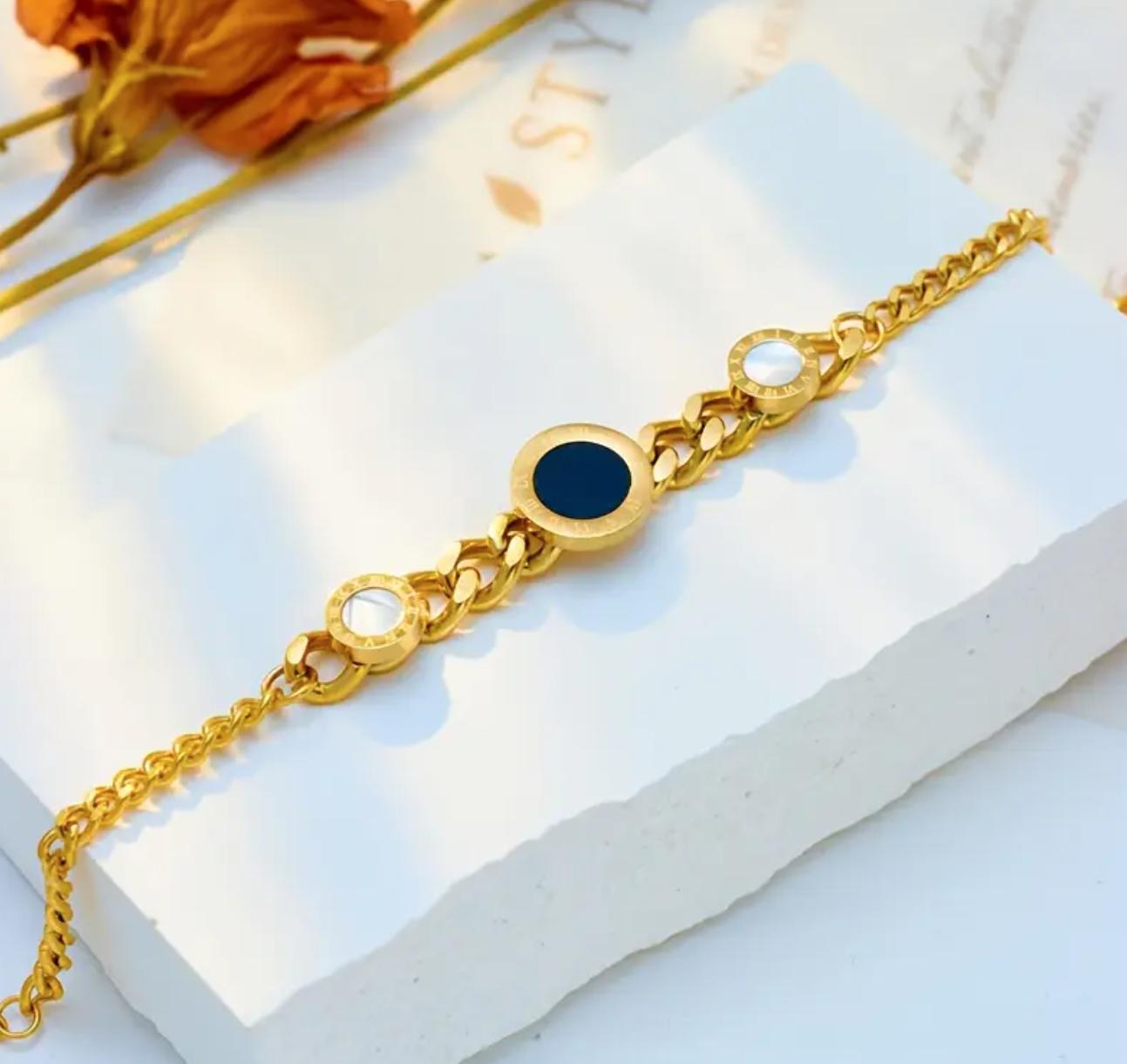 Roman Coin bracelet - Stainless Steel Roman Numeral Coin Link bracelet, Unisex, No Plating, Resin Inlay, for Daily Wear