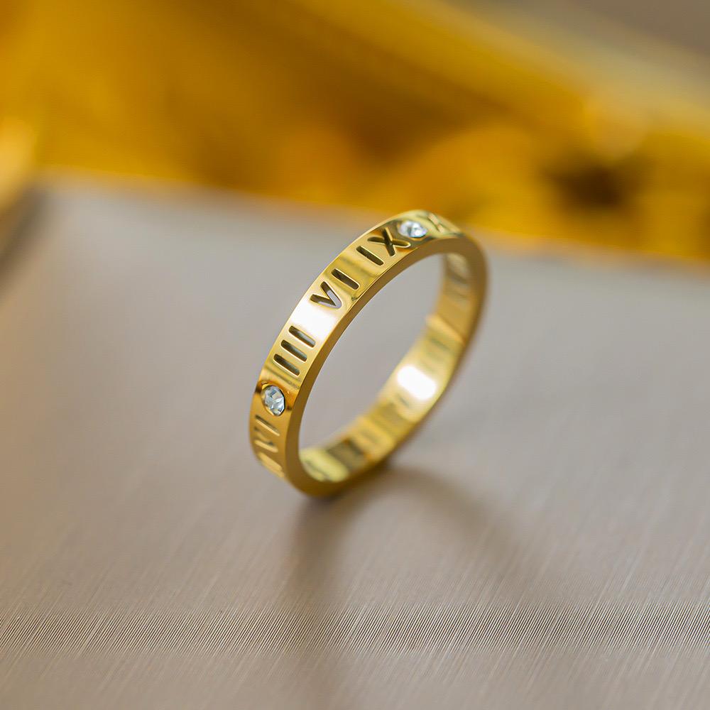Romanian Numeral Ring In Gold Stainless Steel Zircon Plating Open Rings