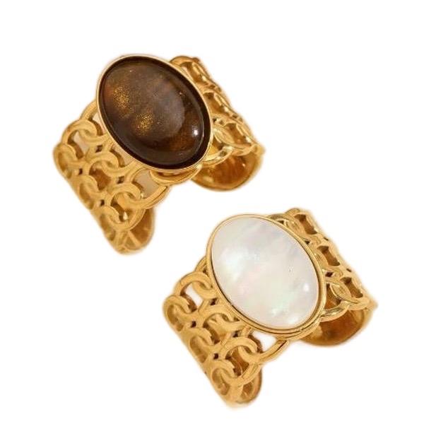 Bold Rings - Stainless Steel Fashion Gorgeous Golden Ring, Brown And White Cat's Eye Gemstone Open Ring Set, Suitable For Women's Daily Wear