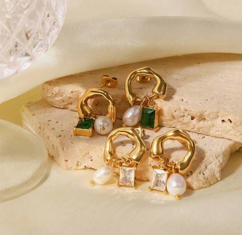 1pair Stainless Steel 18k Plated Pearl & Cubic Zirconia Earrings Suitable For Work, Party, Date