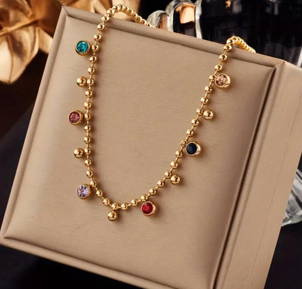 Beaded Necklace - Stainless Steel Choker Necklace Beads, Round Dopamine Inspired Party Jewelry