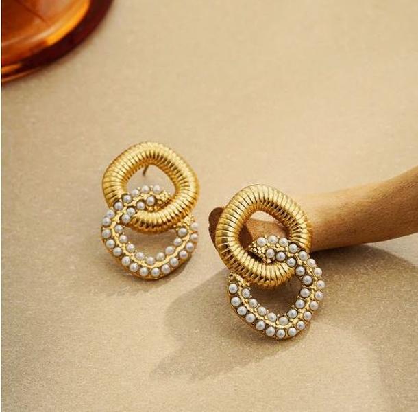 1 Pair Stainless Steel Faux Pearl Double Ring Square Combination Earrings, Inlaid With Zirconia Stone