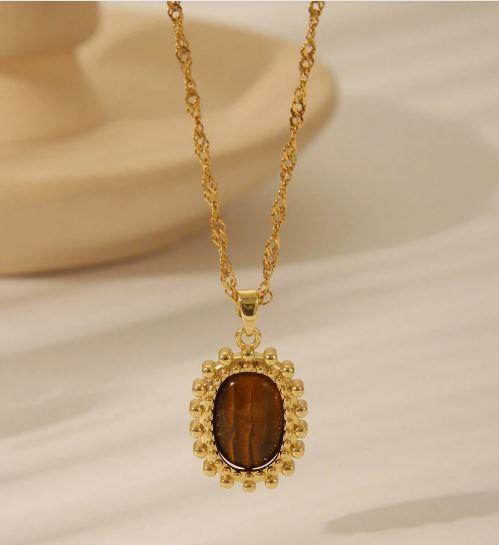 1pc Vintage Brown Gemstone Stainless Steel Pendant Necklace, Oval Sun & Heart Shape Golden Plating