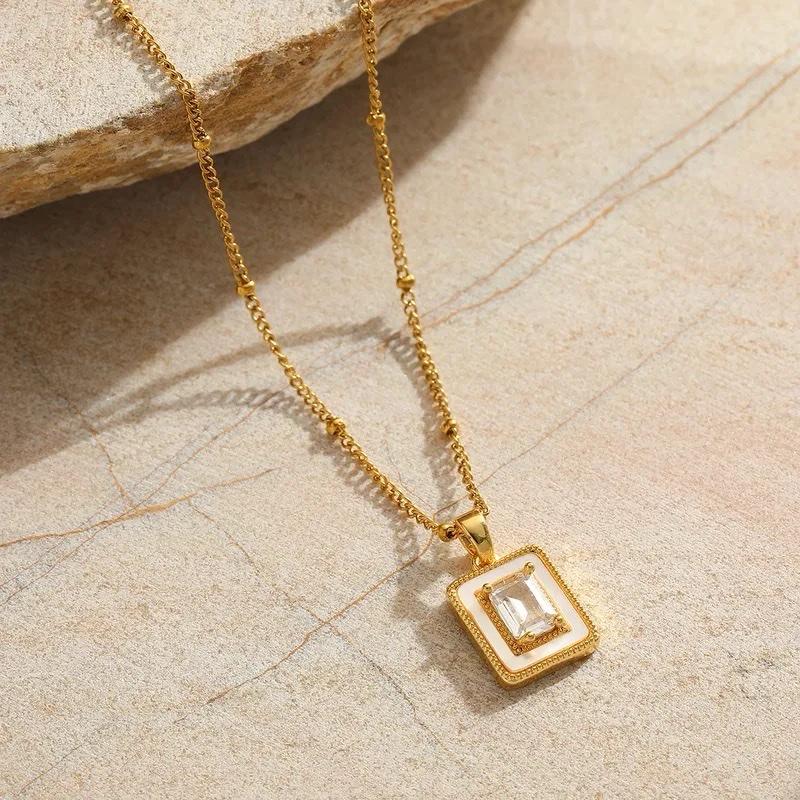 Chloe Necklace - Stainless Steel Zircon 18K Gold Plated beaded Chain marble Pendant Necklace