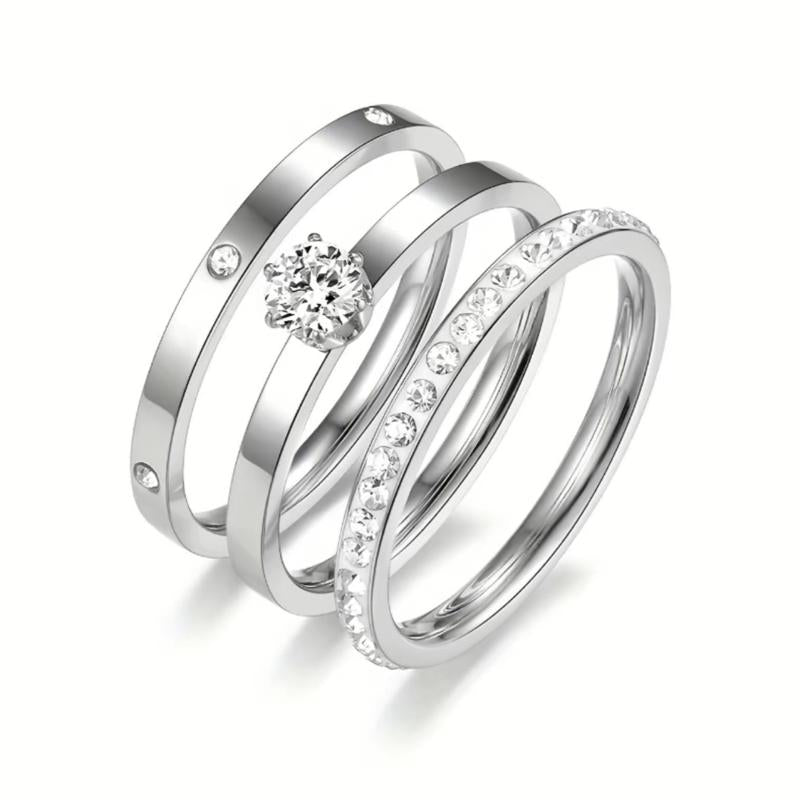 3pcs Ring stack Stainless Steel Diamond & Cubic Zirconia Ring Set For Women, Suitable For Daily Wear And Gift