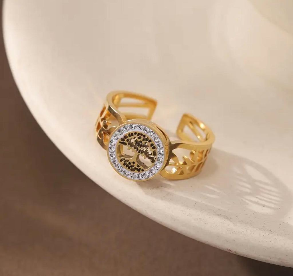 Tree of Life - Stainless Steel Necklace, Earing and Ring with Heart Tree of Life Pendant and Rhinestone Accents, Simple Elegant Beaded Chain