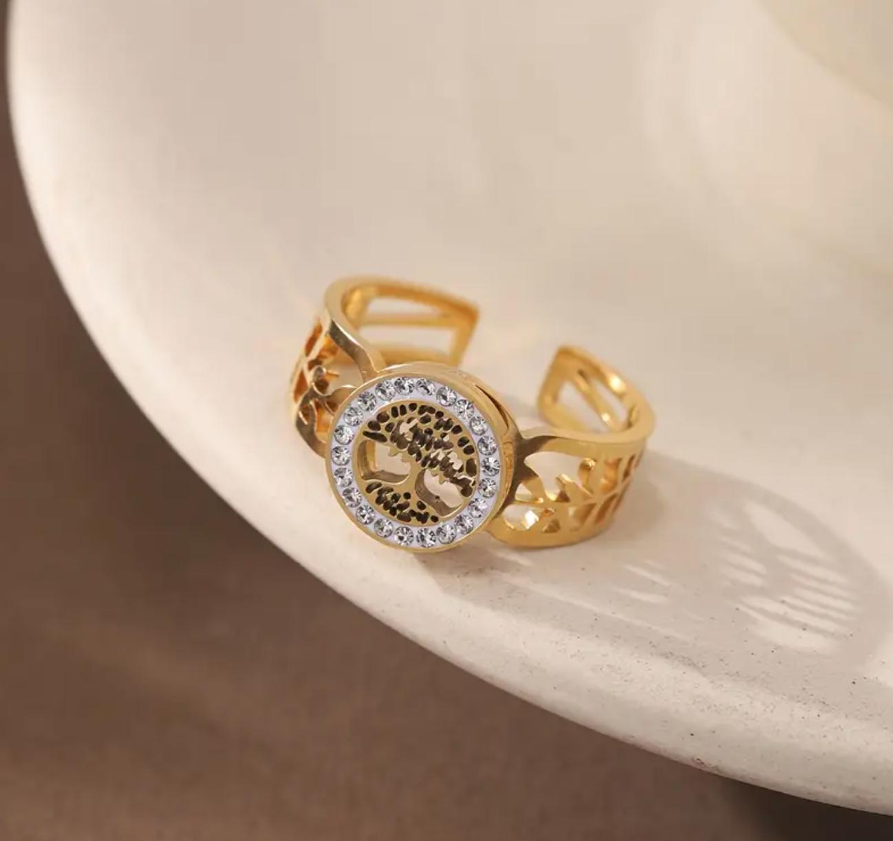 Tree of Life - Stainless Steel Necklace, Earing and Ring with Heart Tree of Life Pendant and Rhinestone Accents, Simple Elegant Beaded Chain