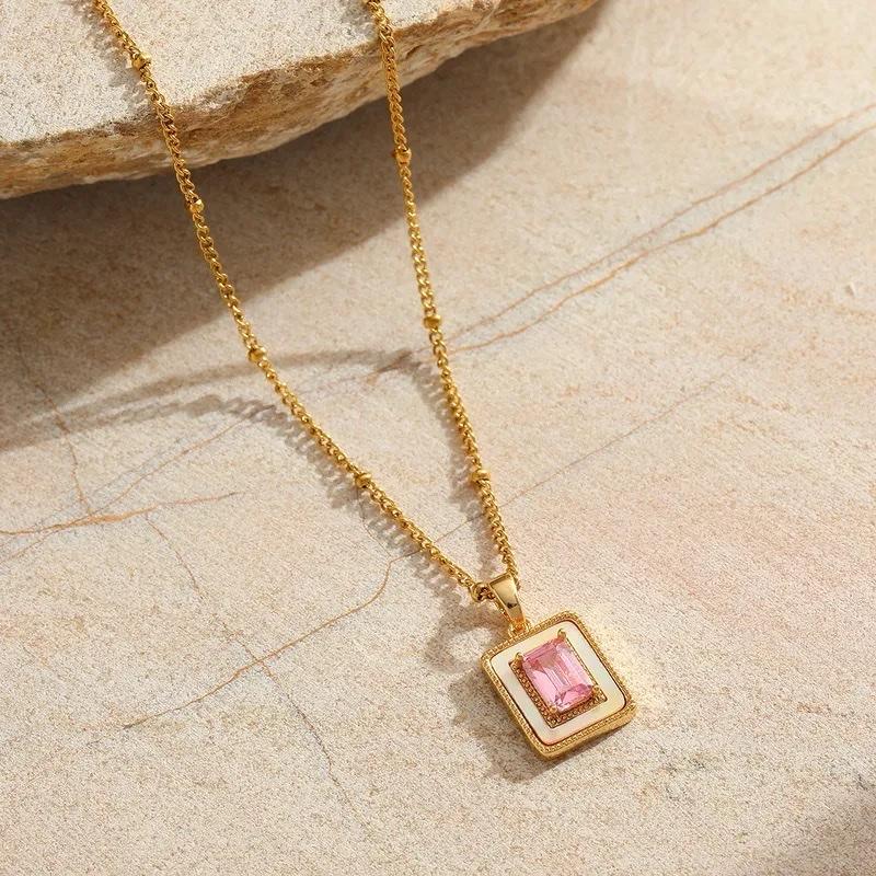 Chloe Necklace - Stainless Steel Zircon 18K Gold Plated beaded Chain marble Pendant Necklace