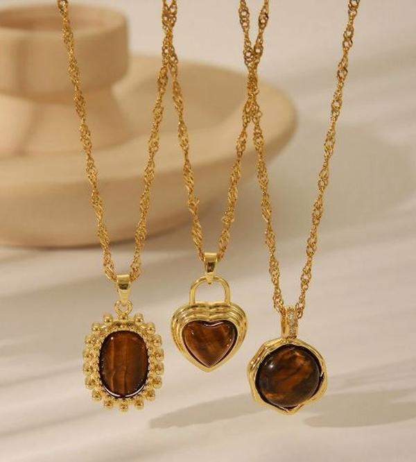 1pc Vintage Brown Gemstone Stainless Steel Pendant Necklace, Oval Sun & Heart Shape Golden Plating