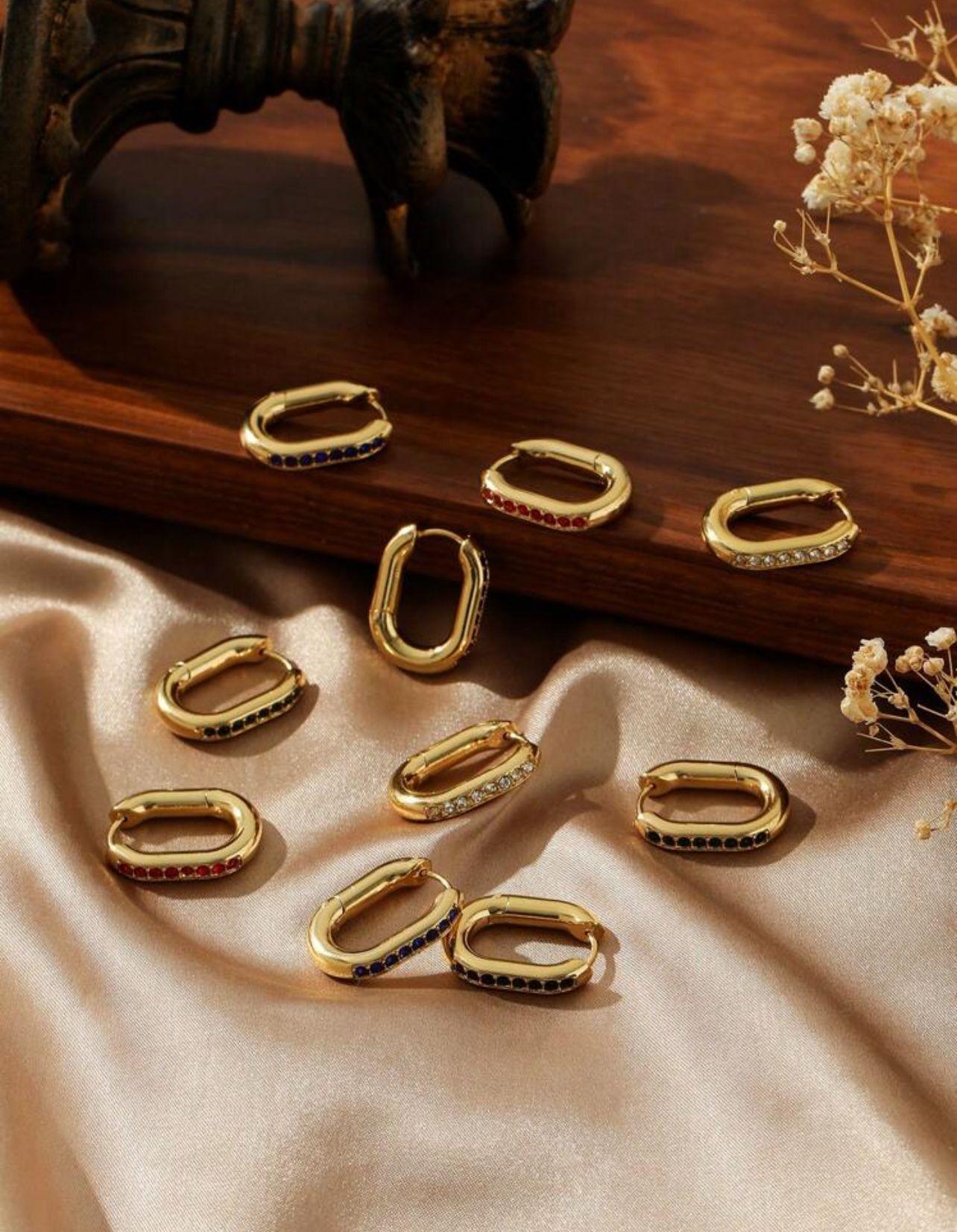 Oval StoneHoop in Gold Stainless Steel Bead Earrings With Inlaid Colorful Glass