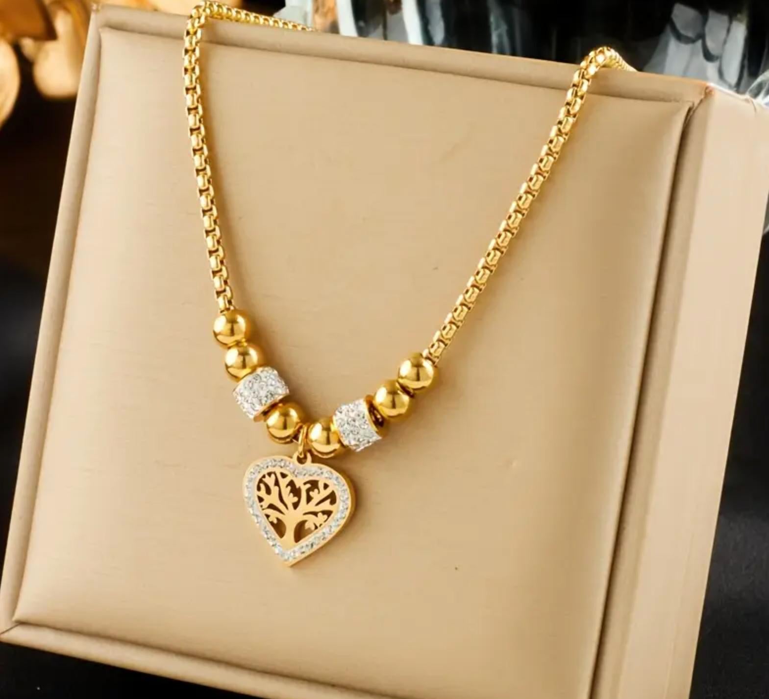 Tree of Life - Stainless Steel Necklace, Earing and Ring with Heart Tree of Life Pendant and Rhinestone Accents, Simple Elegant Beaded Chain