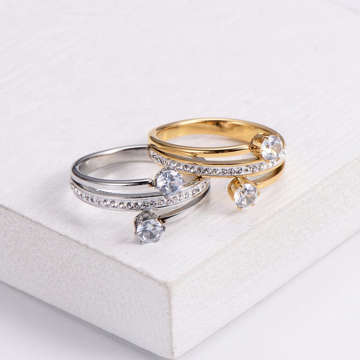 Sophie Ring - Stainless Steel Zircon Inlay Ring with Sleek Band & White Zircon Inlays for Everyday Wear