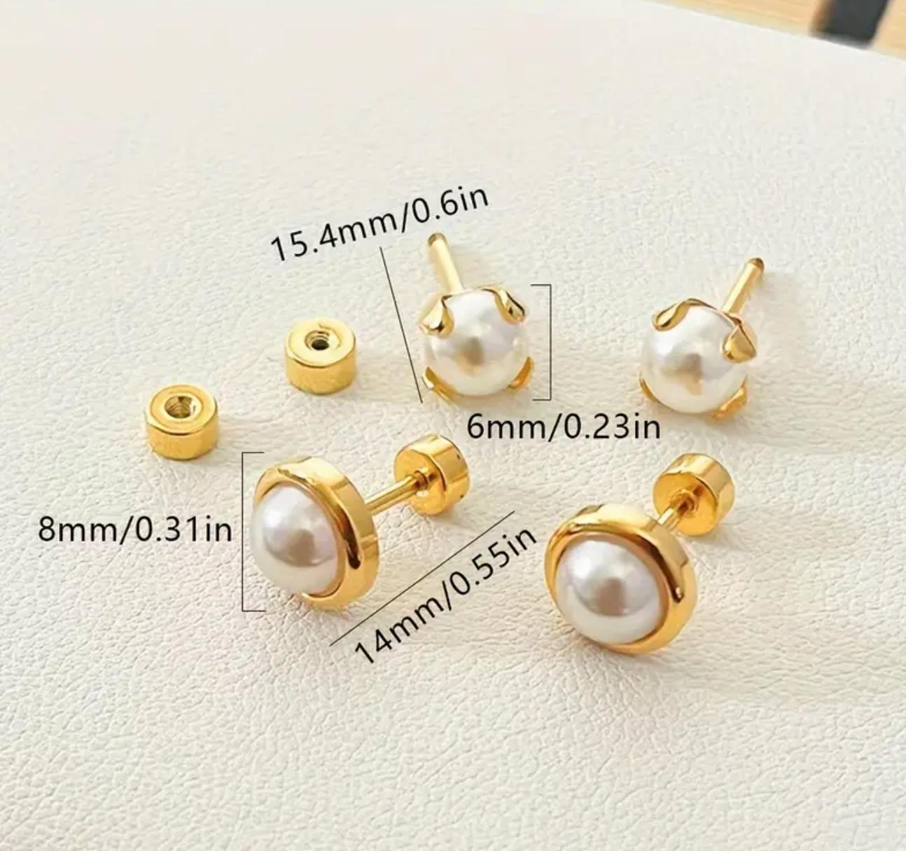 Pearl Studs - Stainless Steel Imitation Pearl Stud Earrings, Comfortable Flat Back Ear Clog for Sleeping Swimming Can Be Worn Without Taking Off