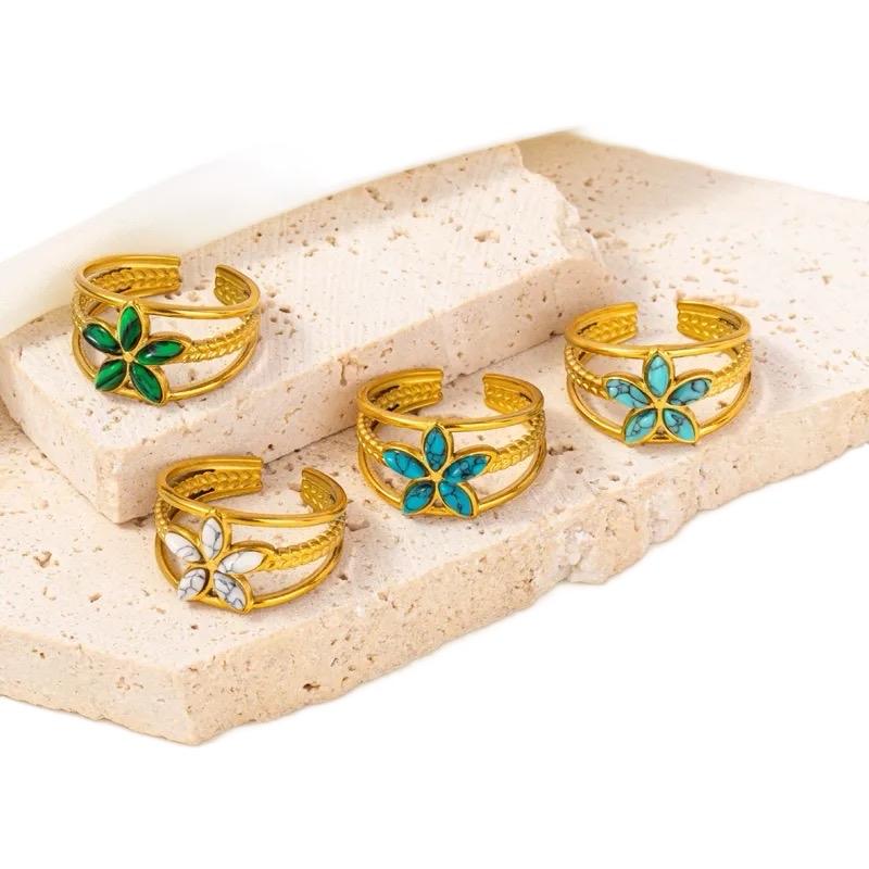 Flower Rings -  Stainless Steel 18K Gold Plated Geometric Flower Artificial Gemstones Imitating Stone Open Rings