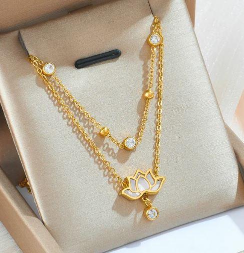 Lotus set - Stainless Steel 18K Gold Plated Flower Pendant Necklace