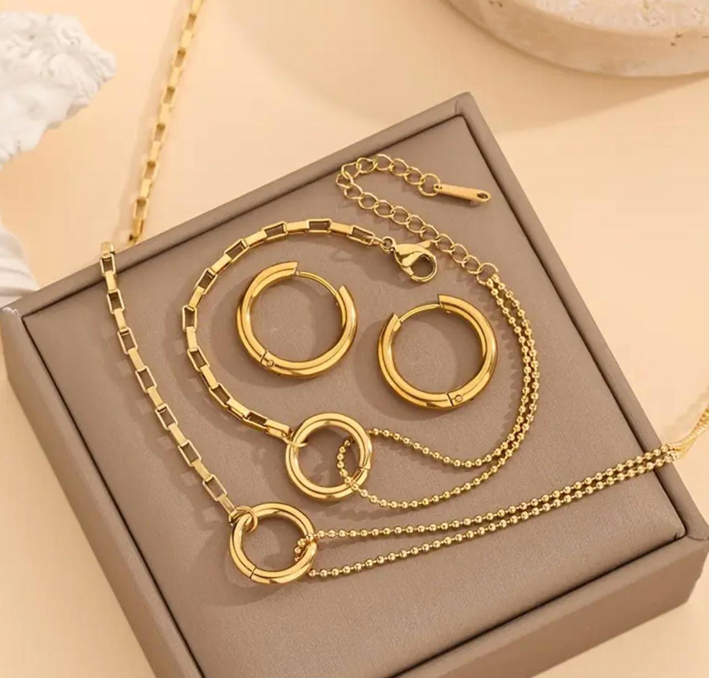 Boho Set - Stainless Steel Jewelry, Geometric Circle Link Necklace, Earrings, Clavicle Chain, and Bracelet Set