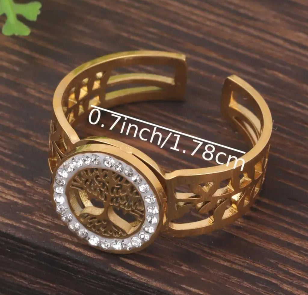 Tree of Life - Stainless Steel Necklace, Earing and Ring with Heart Tree of Life Pendant and Rhinestone Accents, Simple Elegant Beaded Chain