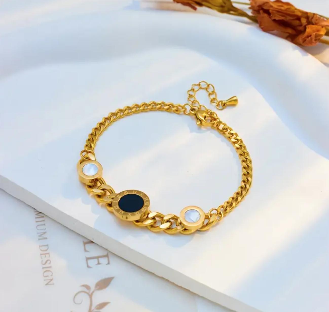 Roman Coin bracelet - Stainless Steel Roman Numeral Coin Link bracelet, Unisex, No Plating, Resin Inlay, for Daily Wear