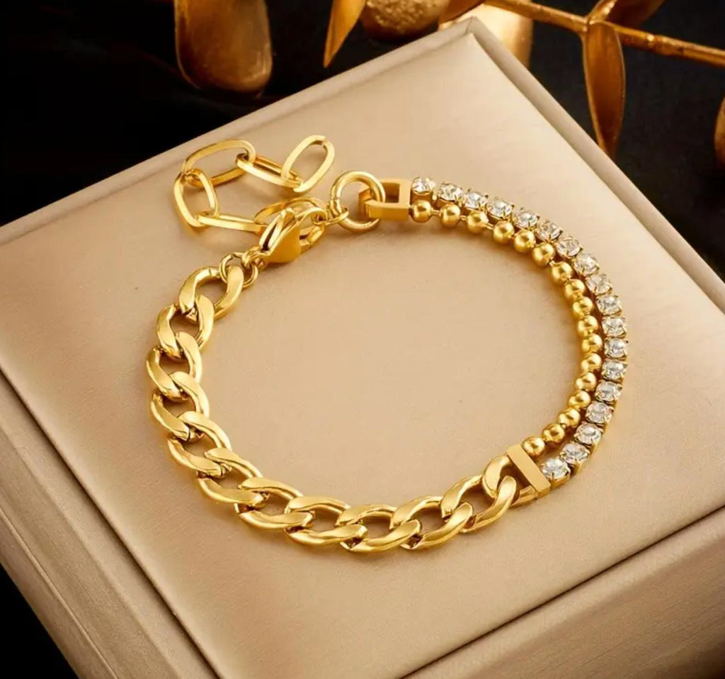 Laura Bracelete - 18k Gold plated Stainless Steel Double-Layer Thick Chain Bracelet - waterproof Creative Inlaid Synthetic Zirconia Bracelet simple and Elegant