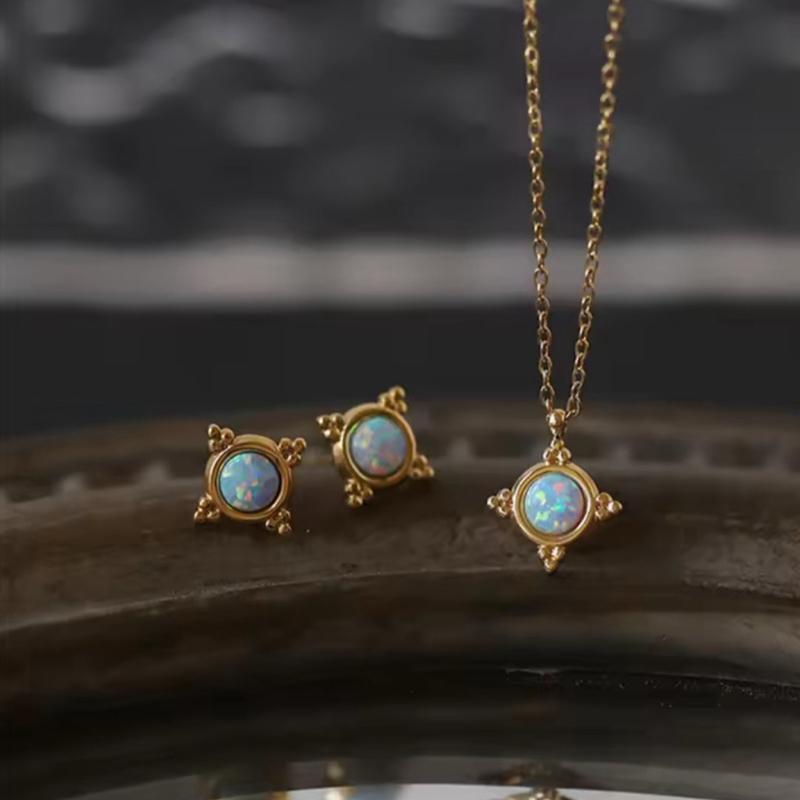 Opal Set - Stainless Steel Gold Plated Necklace and Studs Set in Elegant Green Velvet Box