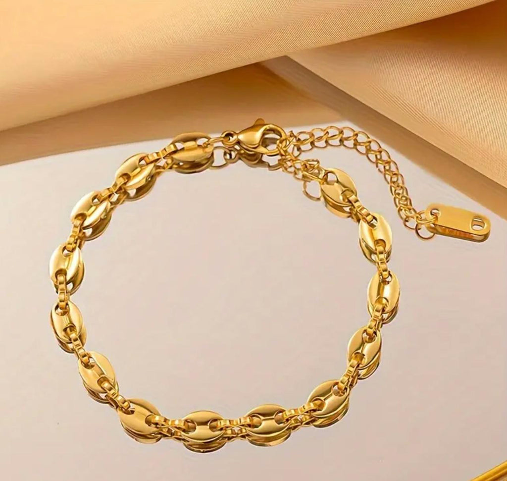 Coffee Bean Stainless Steel Bracelet, Elegant Trendy Style 18K Gold Plated Chain Bracelet