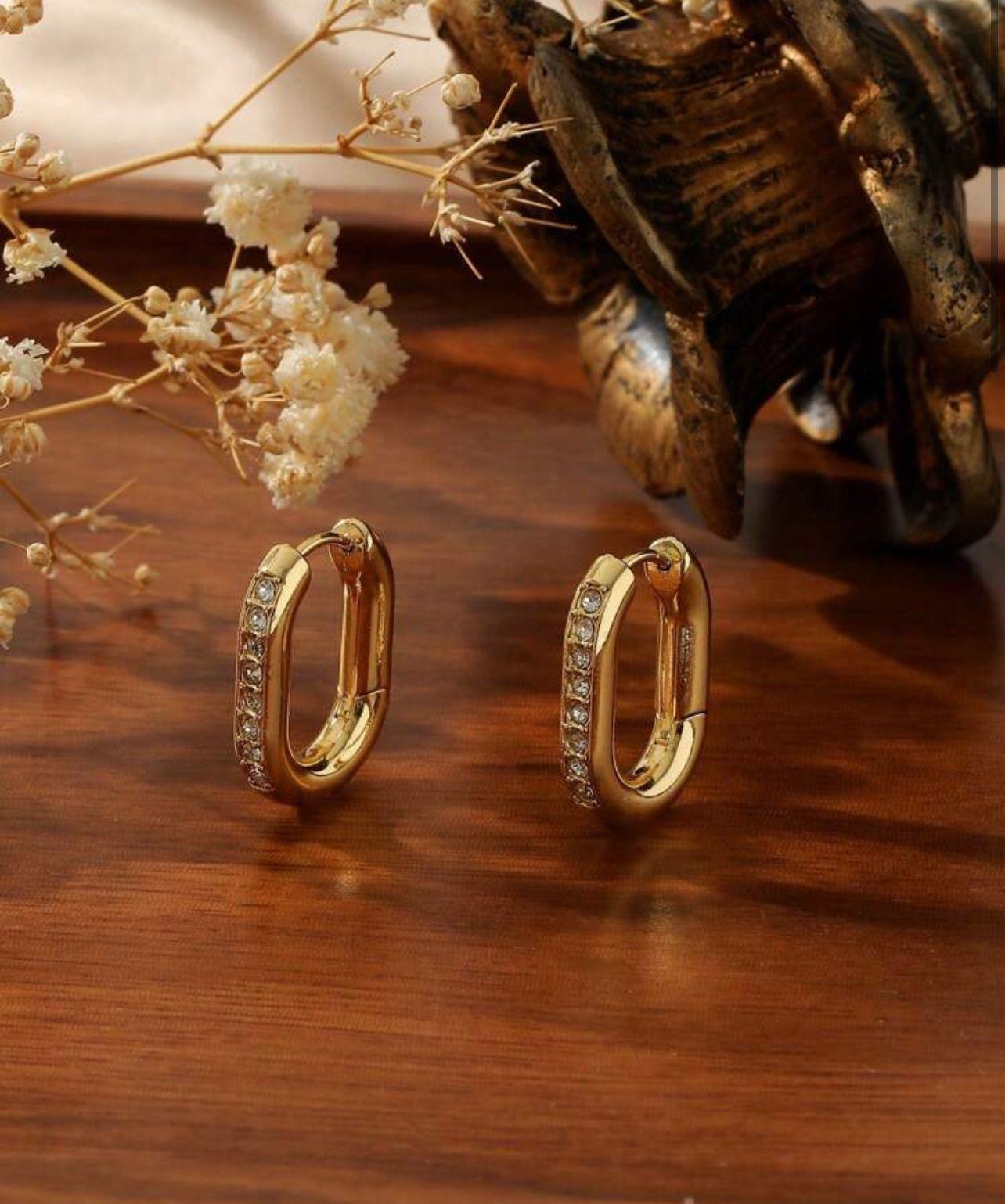 Oval StoneHoop in Gold Stainless Steel Bead Earrings With Inlaid Colorful Glass