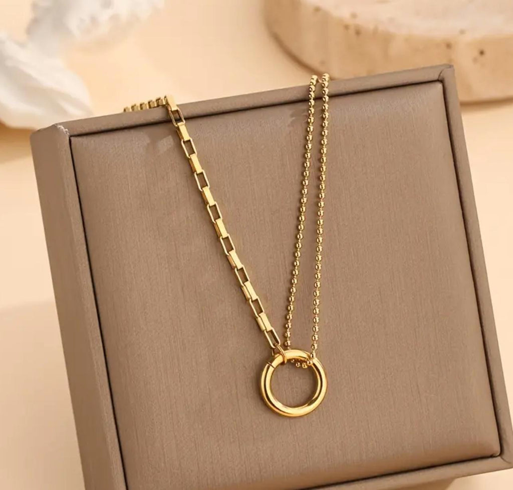 Boho Set - Stainless Steel Jewelry, Geometric Circle Link Necklace, Earrings, Clavicle Chain, and Bracelet Set