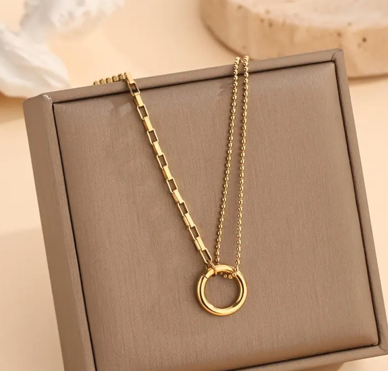 Boho Set - Stainless Steel Jewelry, Geometric Circle Link Necklace, Earrings, Clavicle Chain, and Bracelet Set