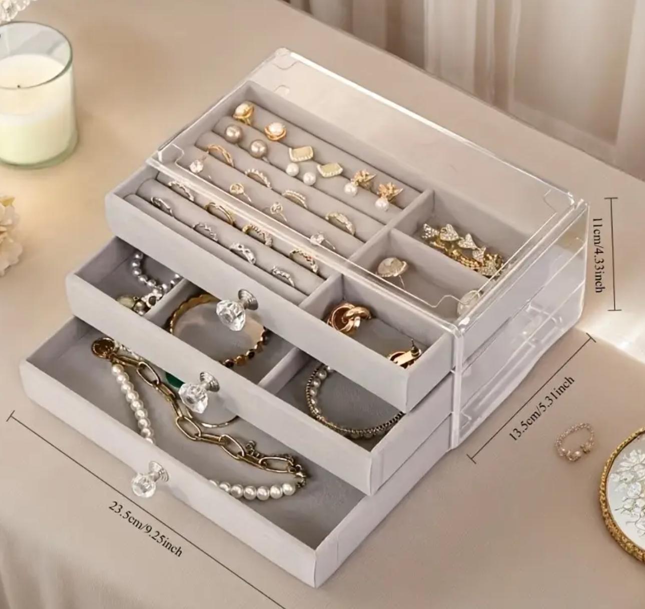 3-Tier Capacity Jewelry Organizer Box with Drawers for Accessories and Small Ornaments, Portable Countertop Jewelry Case