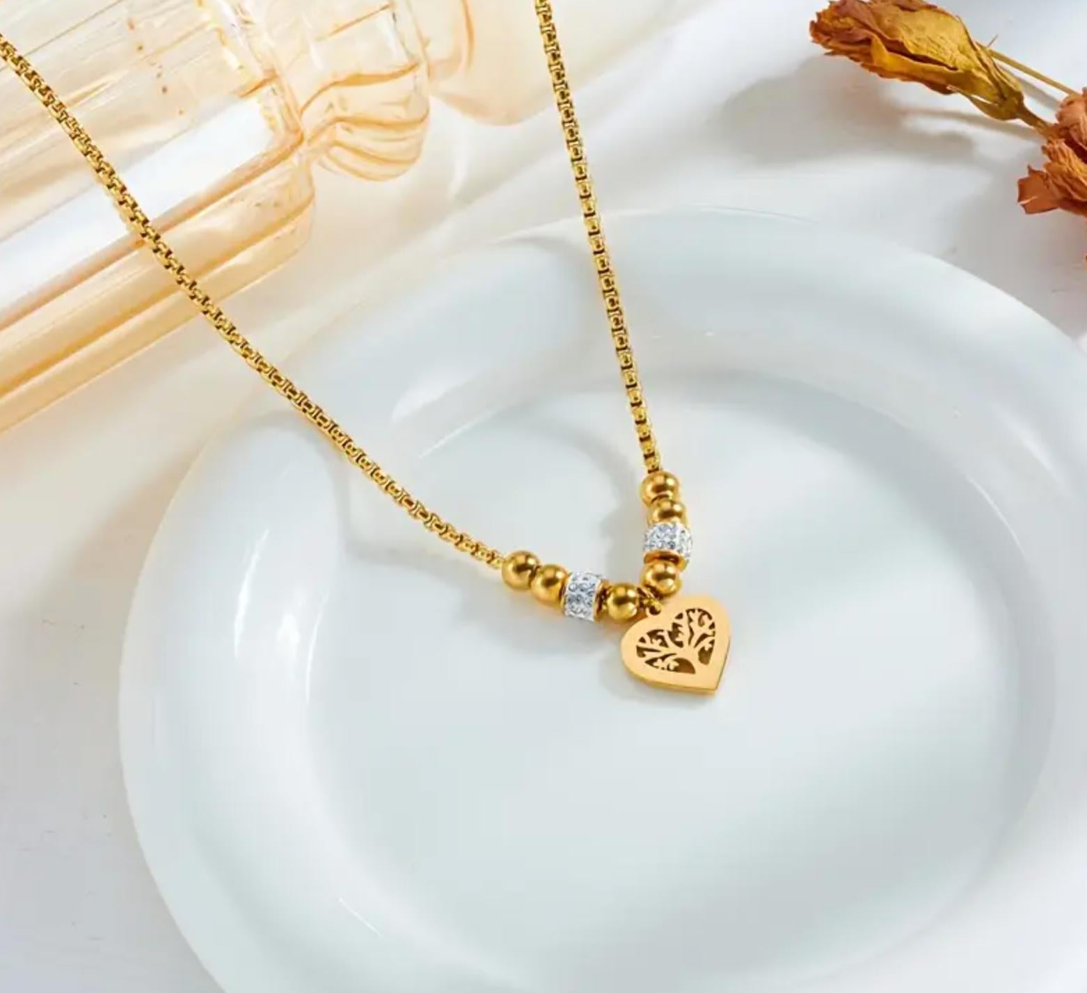 Tree of Life - Stainless Steel Necklace, Earing and Ring with Heart Tree of Life Pendant and Rhinestone Accents, Simple Elegant Beaded Chain