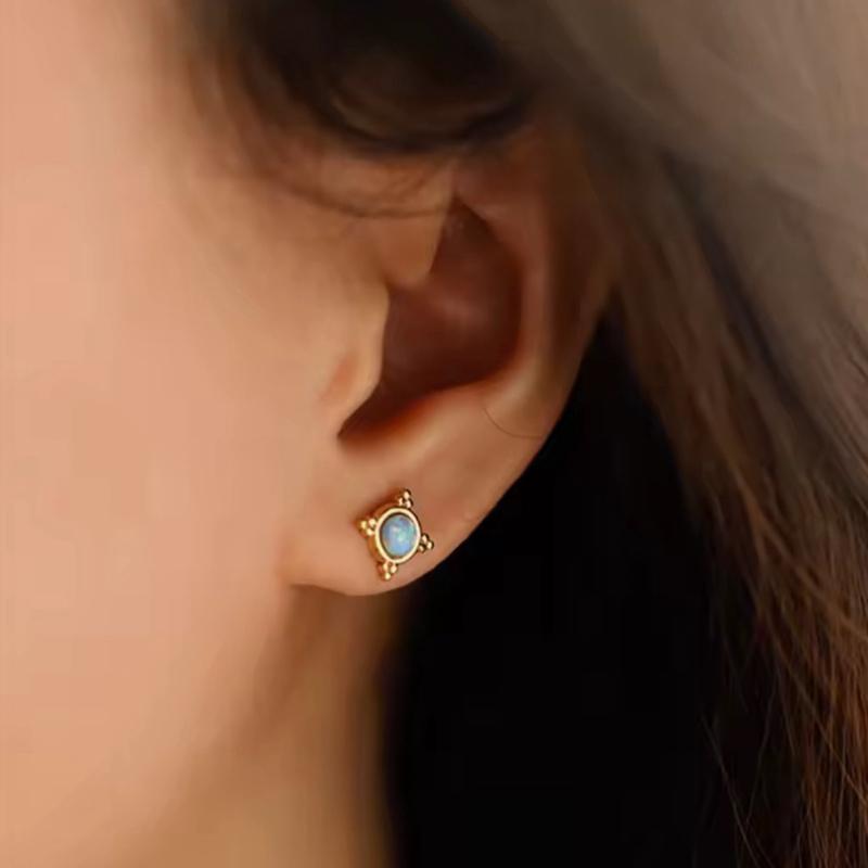 Opal Set - Stainless Steel Gold Plated Necklace and Studs Set in Elegant Green Velvet Box