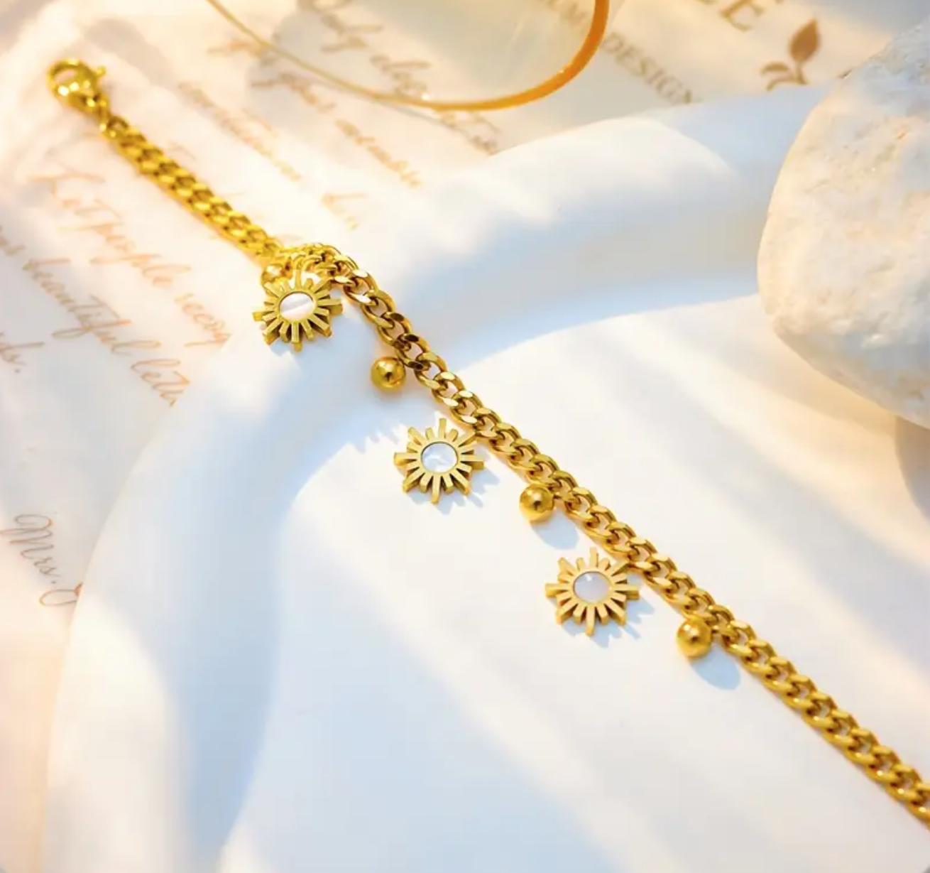 Sun Charm Bracelet - Stainless Steel  Bracelet with Golden Beads - Non-Tarnish, Perfect for Everyday & Party Wear