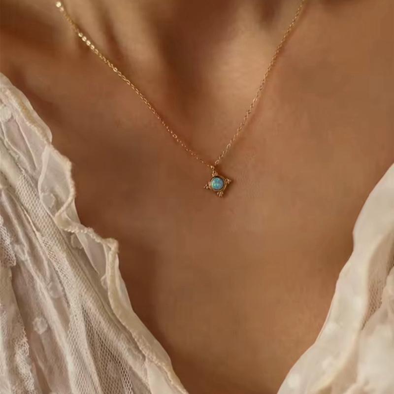 Opal Set - Stainless Steel Gold Plated Necklace and Studs Set in Elegant Green Velvet Box