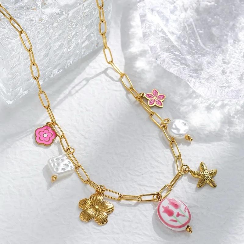 Charm Necklace - Stainless Steel Necklace with Charms Featuring Floral and Sea Life Designs