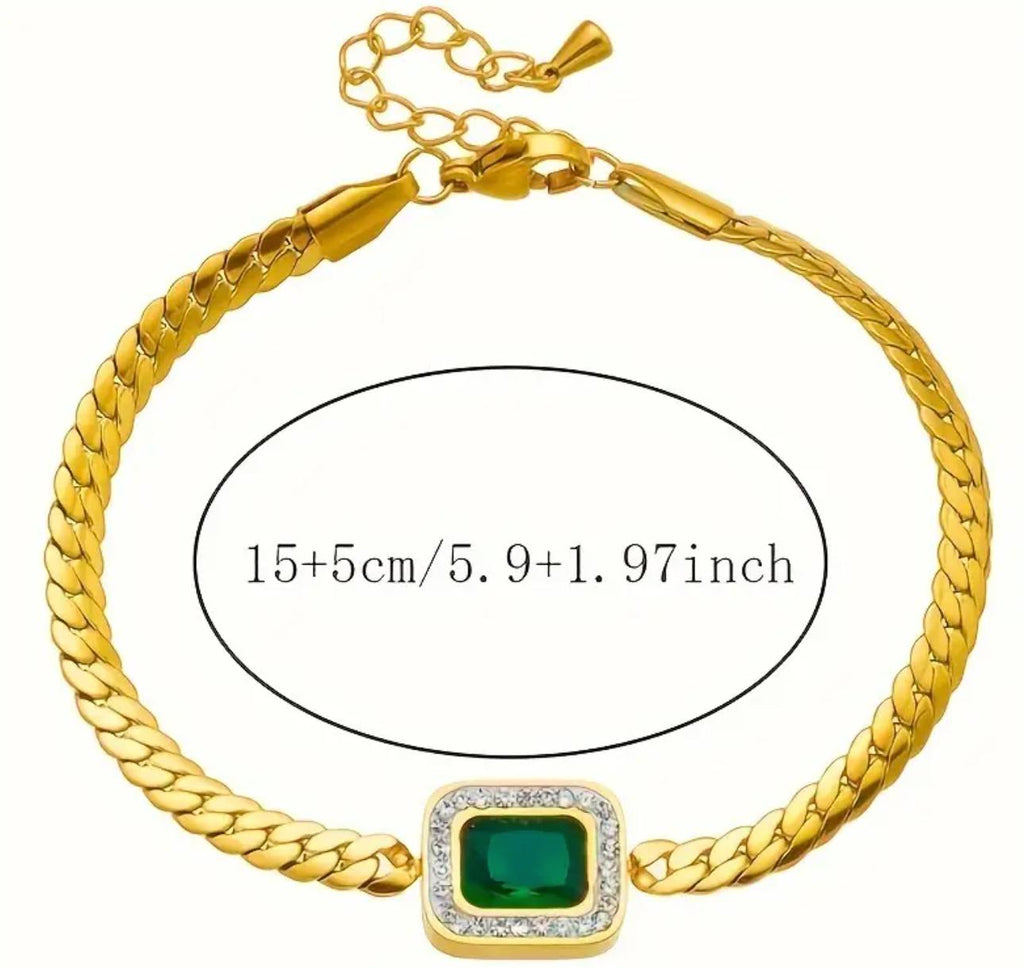 Hayat Bracelet - Stainless Steel Bracelet with Golden Chain and Green Square Glass Pendant, Unisex Fashion Jewelry