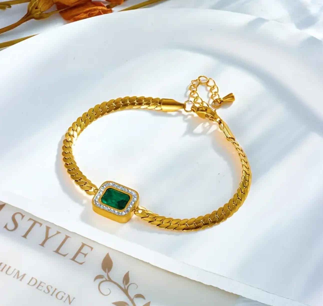 Hayat Bracelet - Stainless Steel Bracelet with Golden Chain and Green Square Glass Pendant, Unisex Fashion Jewelry