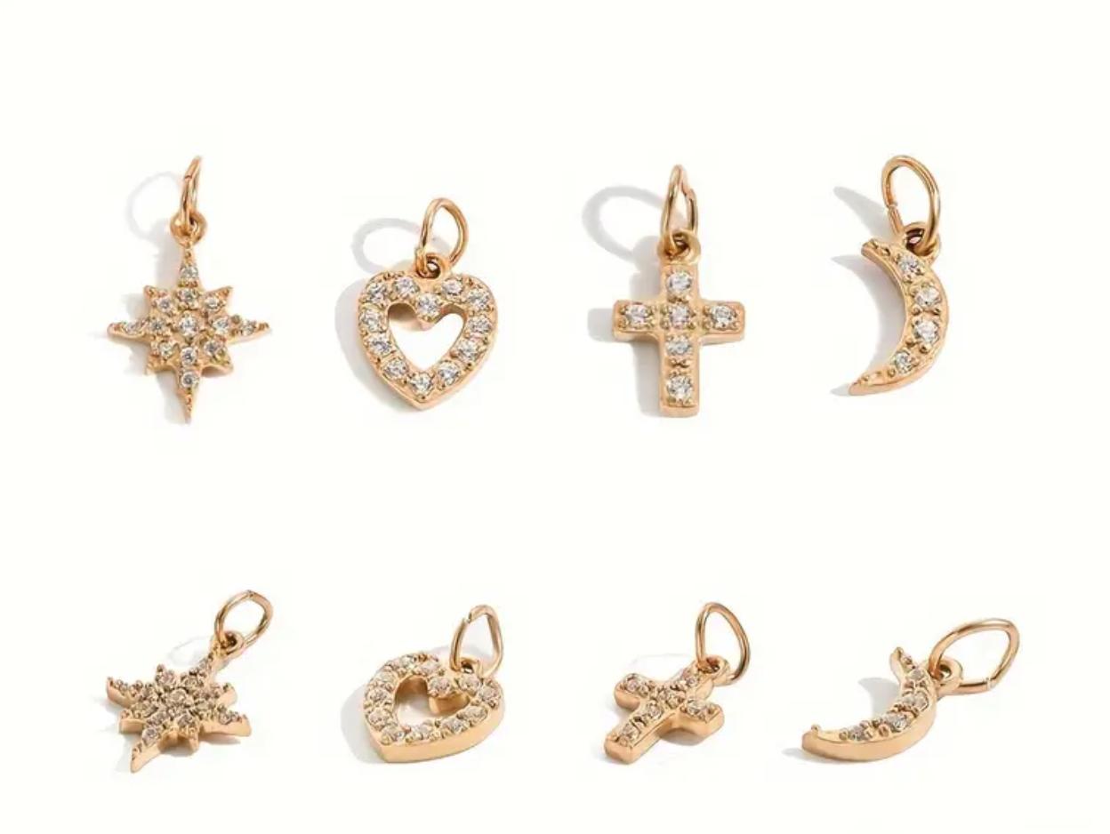 Charms - 18K Golden Plated Stainless Steel Pendant Charms only, NO CHAIN, Cubic Zirconia Inlaid Heart, Star, Moon, Cross, DIY Jewelry for Necklaces and Bracelets, Women's Fashion Accessories, Luxury Cute Style, All-Season Wear, Gift Idea