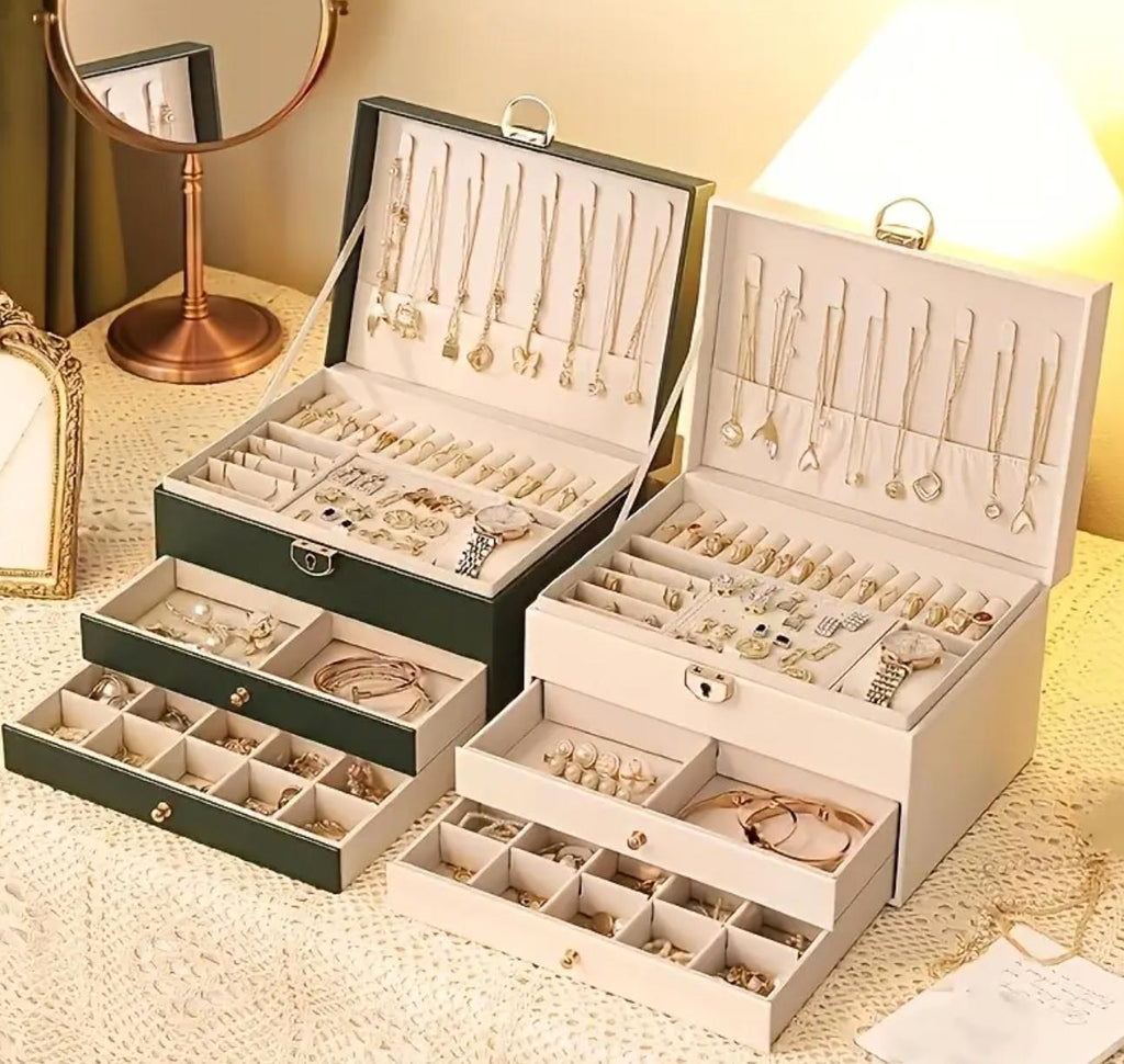 3-Layer Faux Leather Jewelry Organizer Box with Lock, Padded Compartments for Necklaces, Earrings, Bracelets, Elegant Storage Solution, with White, Black, Safari Green