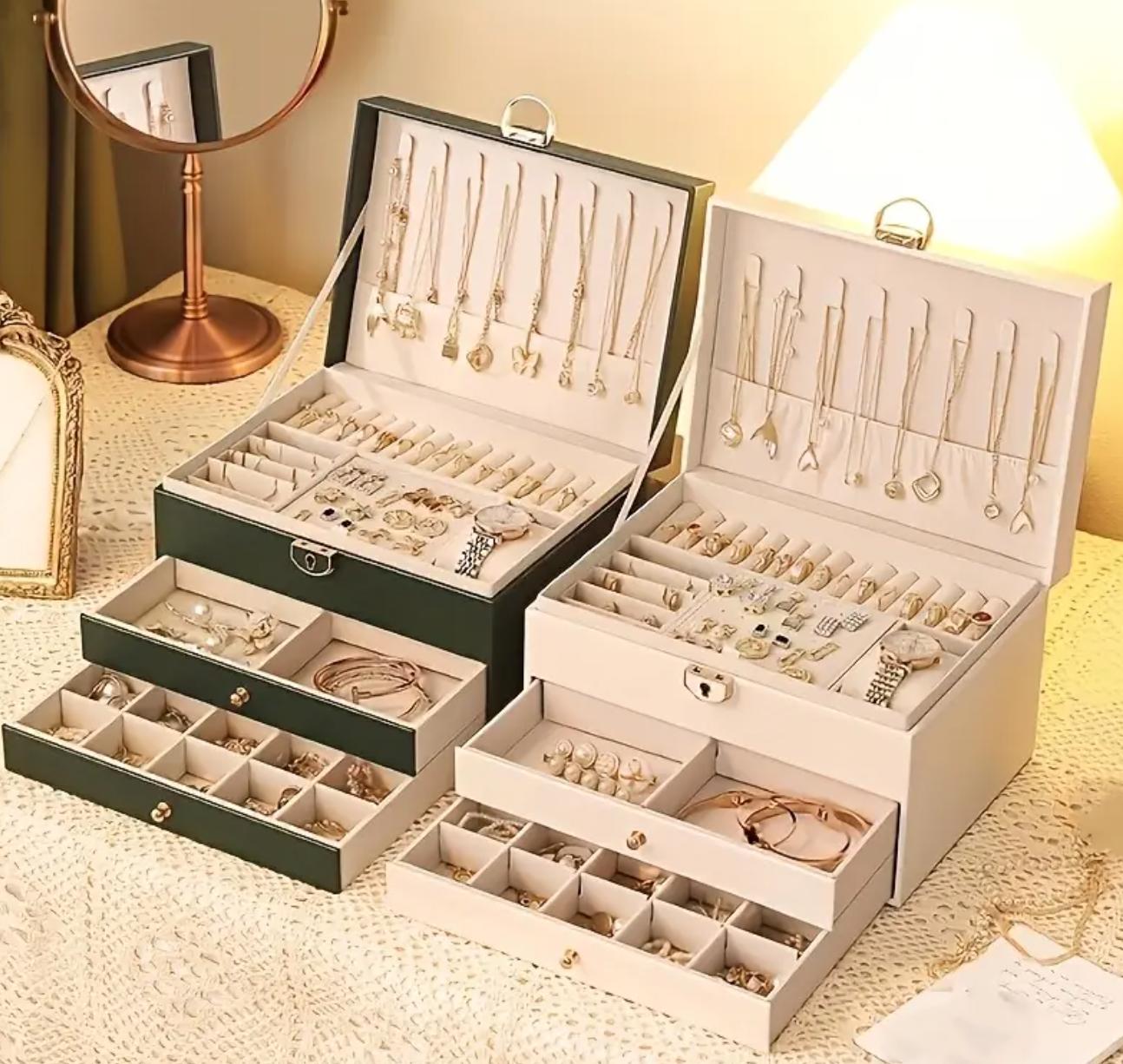 3-Layer Faux Leather Jewelry Organizer Box with Lock, Padded Compartments for Necklaces, Earrings, Bracelets, Elegant Storage Solution, with White, Black, Safari Green