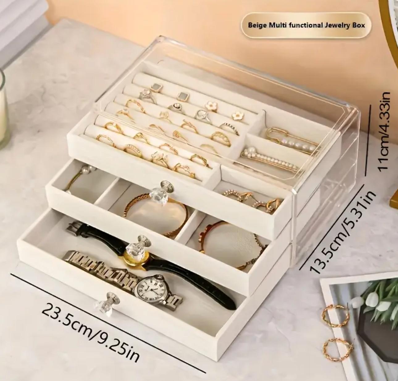 3-Tier Capacity Jewelry Organizer Box with Drawers for Accessories and Small Ornaments, Portable Countertop Jewelry Case