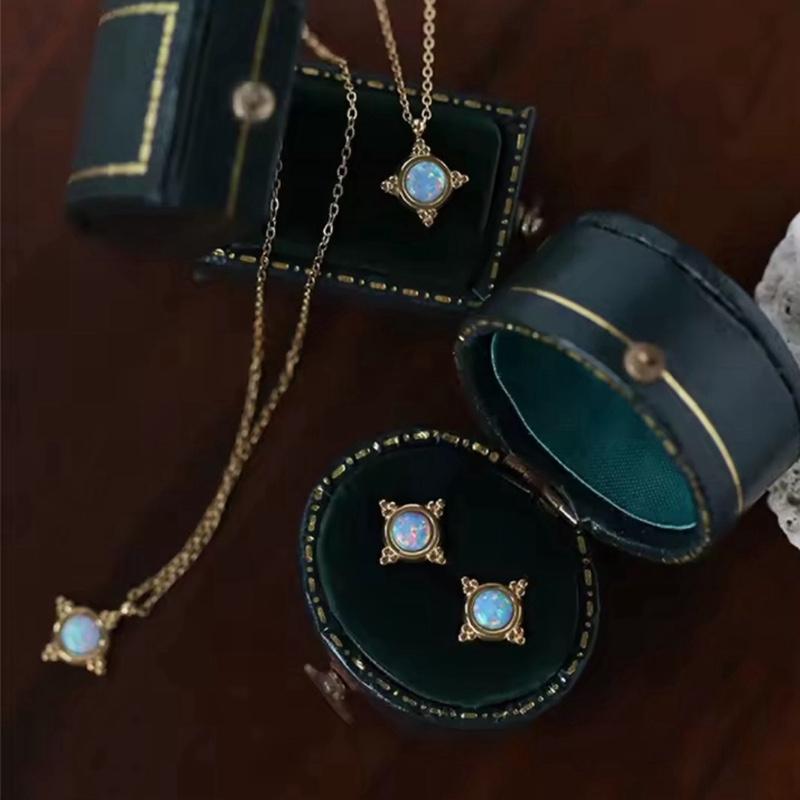 Opal Set - Stainless Steel Gold Plated Necklace and Studs Set in Elegant Green Velvet Box