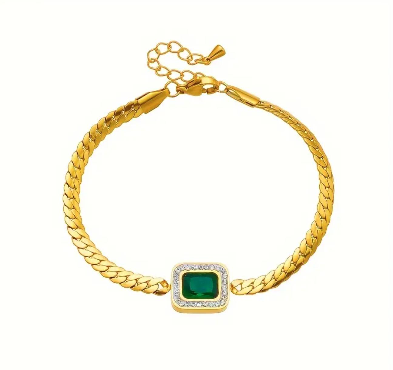 Hayat Bracelet - Stainless Steel Bracelet with Golden Chain and Green Square Glass Pendant, Unisex Fashion Jewelry